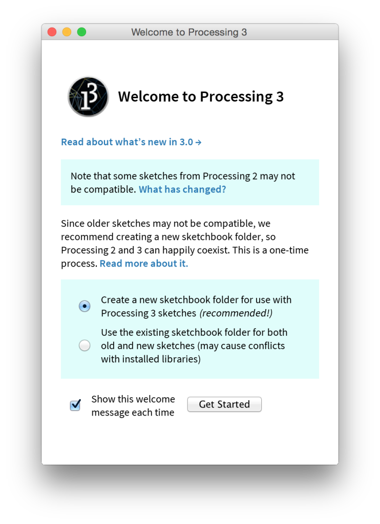 Welcome screen di Processing 3