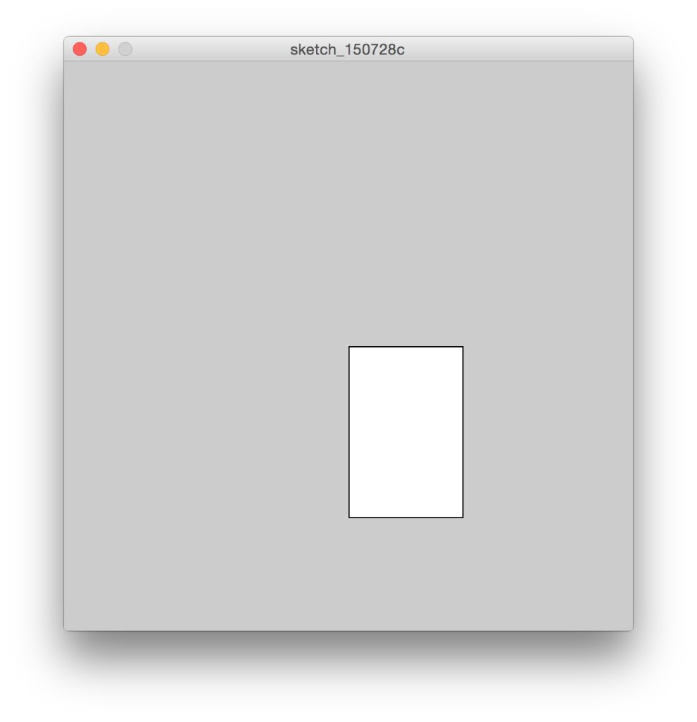 Uno screenshot di uno sketch di Procesing con lo sfondo grigio e un rettangolo bianco con bordo nero disegnato in basso a destra