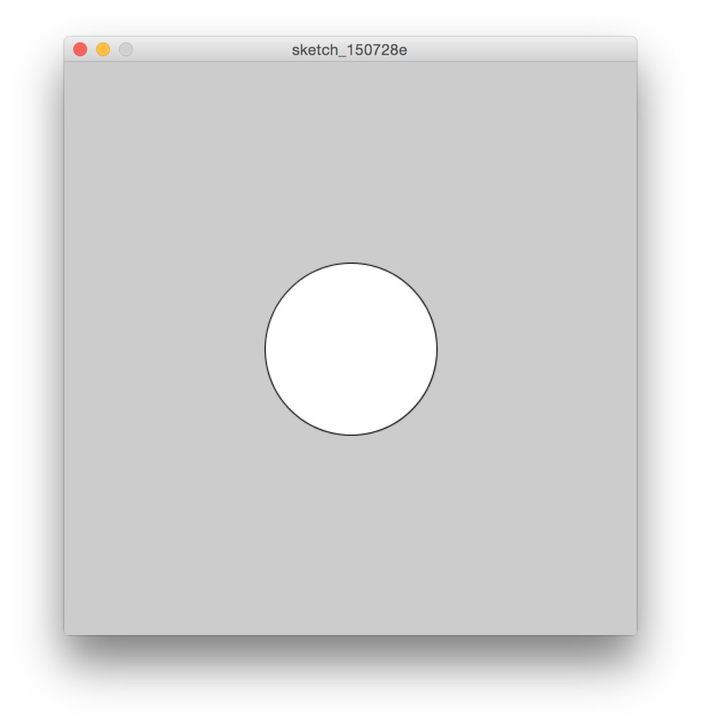 Uno screenshot di uno sketch di Procesing con lo sfondo grigio con disegnato un cerchio bianco con bordo nero al centro della finestra